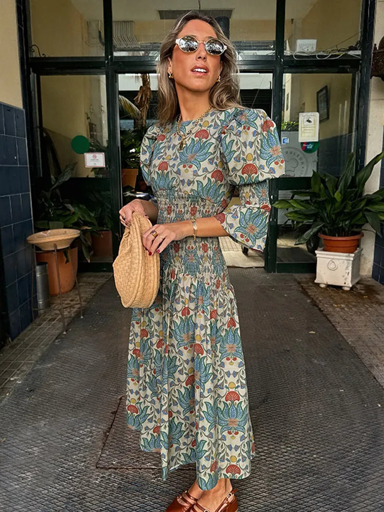 LBSFY  -  2025 Elegant Printed Pleated Hem Women's Midi Dress Fashion Puff Long Sleeves Round Collar Robe New Summer Vacation Lady Vestido