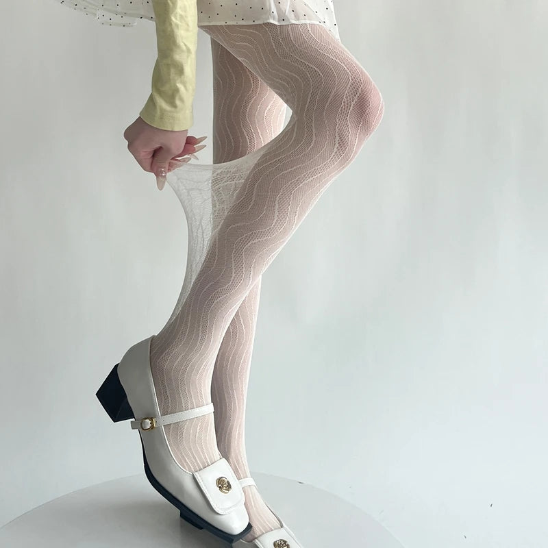 Lbsfy Women's Tights Elegant Sexy Wave Bottoming Stockings Ladies Hollow Out Lace Pantyhose Breathable Sheer Female Long Stockings