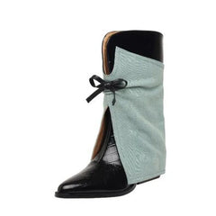 LBSFY  -  Fall Women Light Blue Denim Jeans Black Leather Patchwork Bow Tie Pointed Toe 6 CM Heels Slip On Mid-calf Pants Boots Shoes