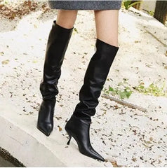 LBSFY  -  New Black White Solid Leather Strange Heels Tube Slip On Knee High Boots Women Fashion Pointed Toe Long Botas Shoes Size 45