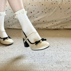 LBSFY -2025 Women's Bow Design Round Toe Low Heel Shoes Cute Girly Style Autum Pu Leather Mid-Heel Lolita Shoes