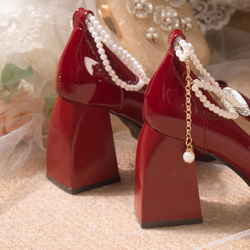LBSFY  -  Fashion Pearl Strap High Heels Pumps Women Patent Leather Crystal Bowknot Party Shoes Woman Square Toe Thick Heel Mary Janes