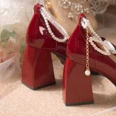 LBSFY  -  Fashion Pearl Strap High Heels Pumps Women Patent Leather Crystal Bowknot Party Shoes Woman Square Toe Thick Heel Mary Janes
