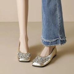 LBSFY -New Style Shallow Women Flat Shoes Square Toe Slip-on Outdoor Female Single Shoes Summer Solid Color Versatile Crystal Sandals
