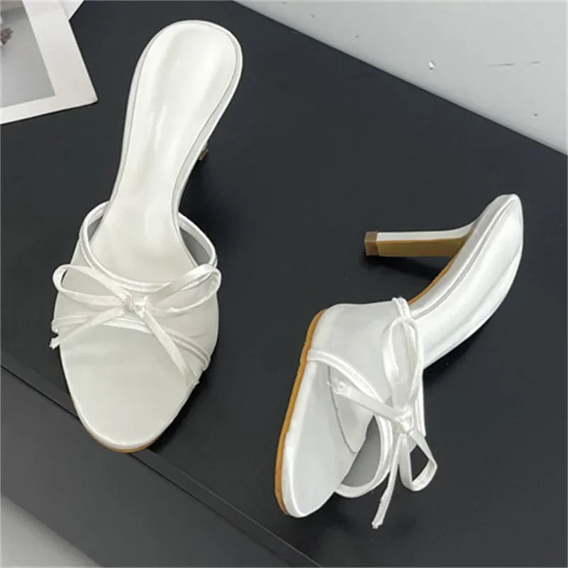 LBSFY -Fashion Butterfly-knot Breathable Holes Mesh Open Toe Woman Slippers Summer Thin High Heels Party Dress Shoes