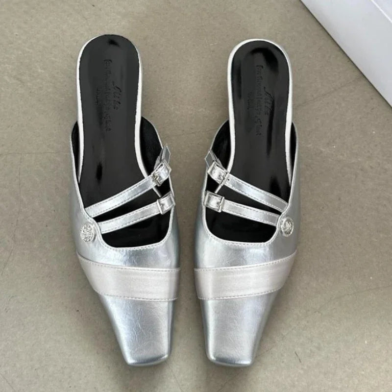 Lbsfy New Summer Woman Slipper Low Heel Elegant Dress Shoes Shallow Comfort Slides Narrow Band Design Sandals Women Pantuflas Mujer