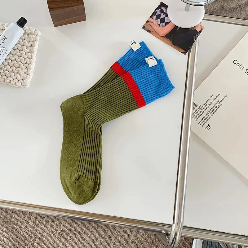 Lbsfy Fashionable and versatile Contrast colored socks women's high top pile up socks Korean version of spring/summer cotton socks