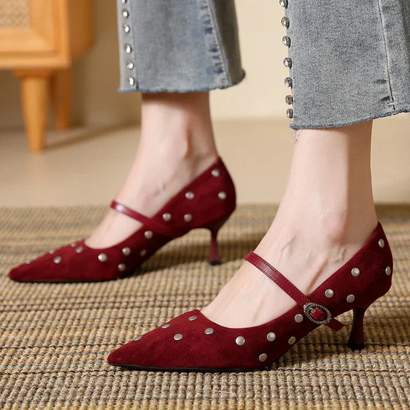 LBSFY  -  Rivet Designer High Heels Women Pointed Toe Elegant Office Women Shoes Spring Autumn Fashion Suede Low Heel Mules Pumps Women