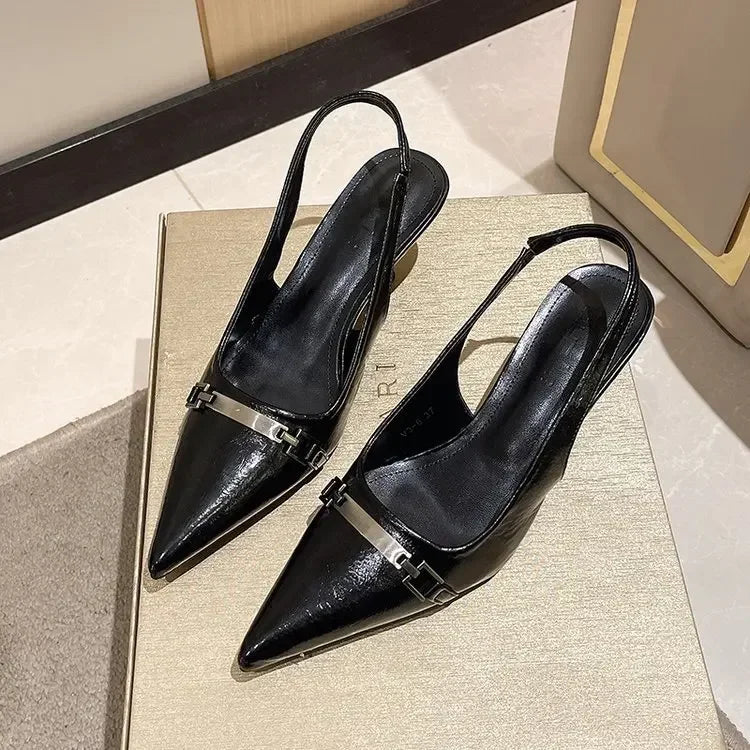 Lbsfy Mules Sandals Women Metal Decoration Pointed Low Heel Slingback Shoes Fashion Office High Heels Female Zapatos De Mujer
