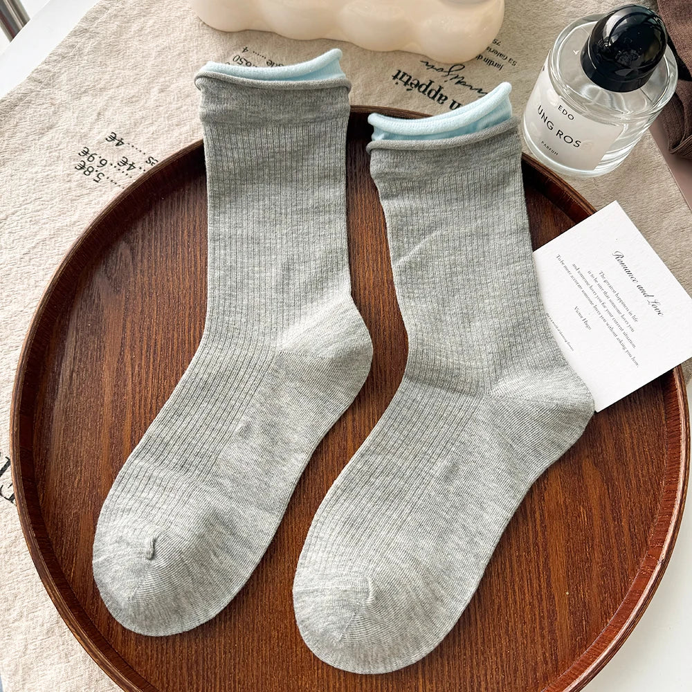 Lbsfy Autumn Winter Women's Tube Pile Socks Pure Cotton Double-layer Rolled Edge Y2K Trendy Sock Vertical Striped Cotton Female Socks