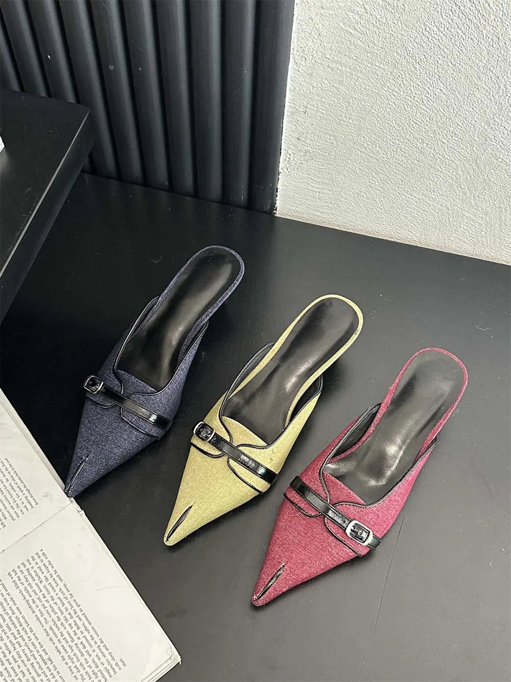 LBSFY  -  Casual Women Slides Slippers Pointed Toe Black Red Green 2024 New Arrivals Belt Buckle Thin Mid Heeled Outside Mules Shoes 39