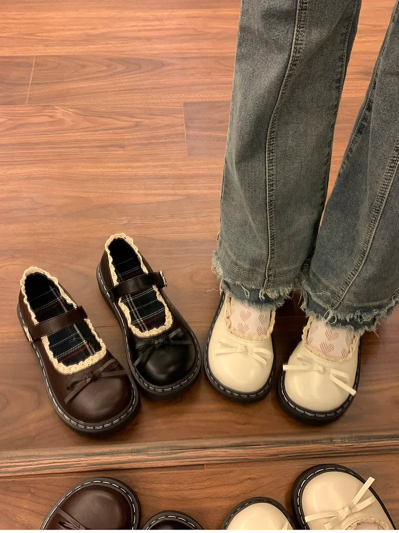 LBSFY -Butterfly-knot Lolita Women Leather Shoes Shallow Round Toe Ladies Concise Outdoor College Style Mary Jane Shoes