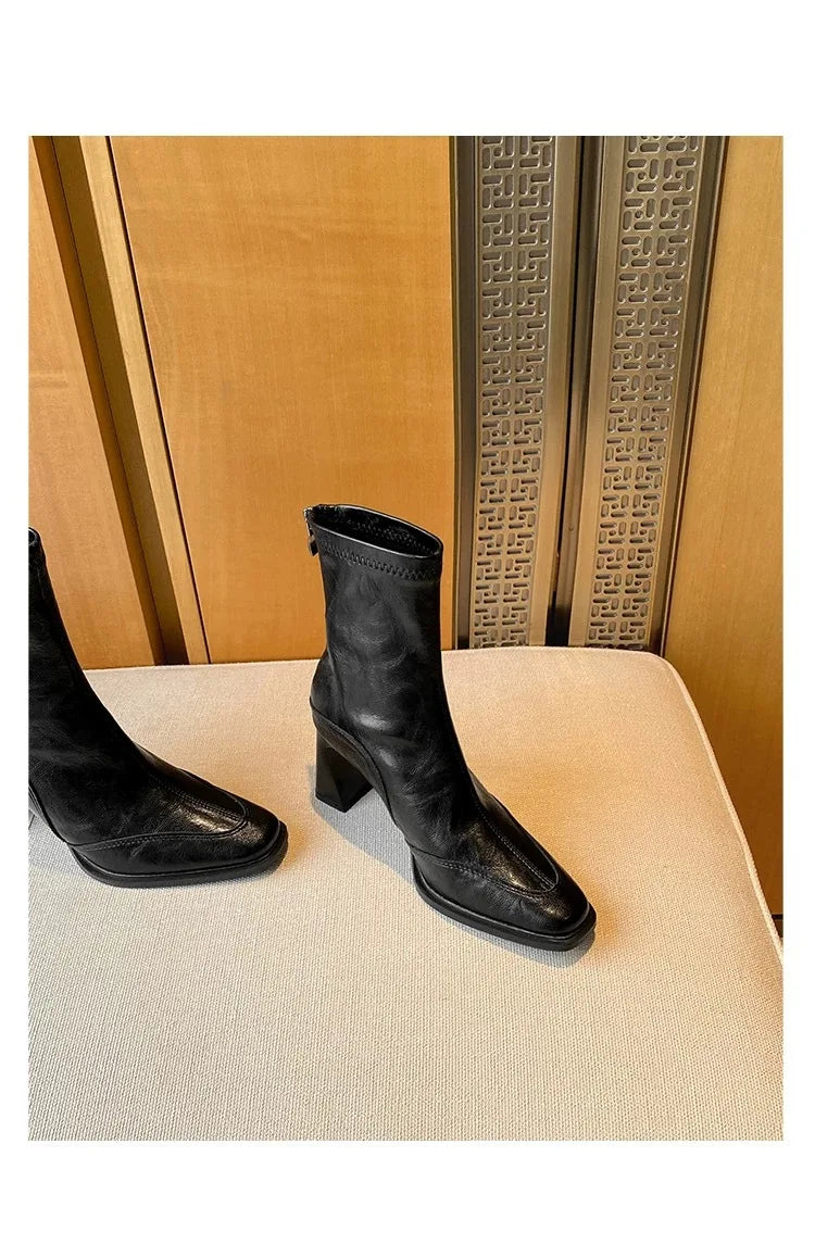 LBSFY -2025 Vintage High Heel Women Ankle Boots Fashion Square Toe Short Booties Autumn Winter Ladies Shoes Botas Mujer