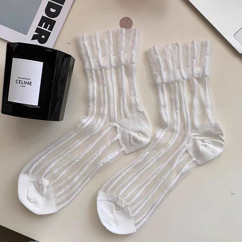 Lbsfy Sweet Lace Socks Women Girls Summer Mesh Crew Ankle Sock Crystal Vertical Stripes Stripes Streetwears Silk Ultra Thin Stockings