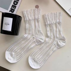 Lbsfy Sweet Lace Socks Women Girls Summer Mesh Crew Ankle Sock Crystal Vertical Stripes Stripes Streetwears Silk Ultra Thin Stockings