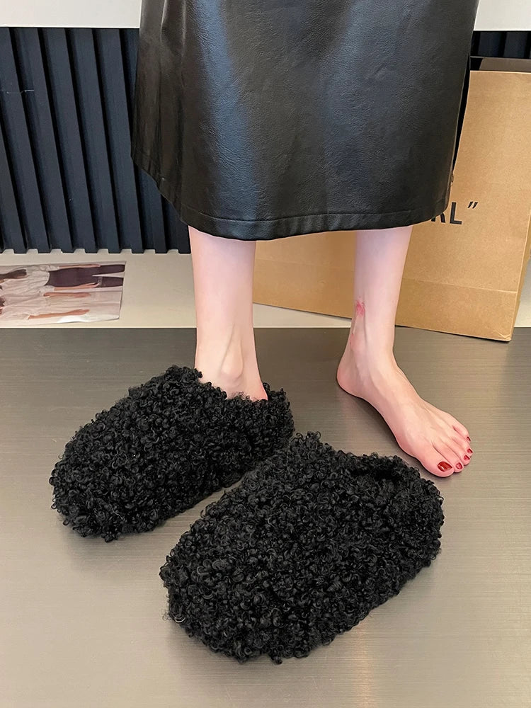 LBSFY  -  Winter Woman Slipper Platform Flock Cover Toe Shoes Med Slides Fur Flip Flops Pantofle Plush Flat 2024 Rubber Flat Shoes Female