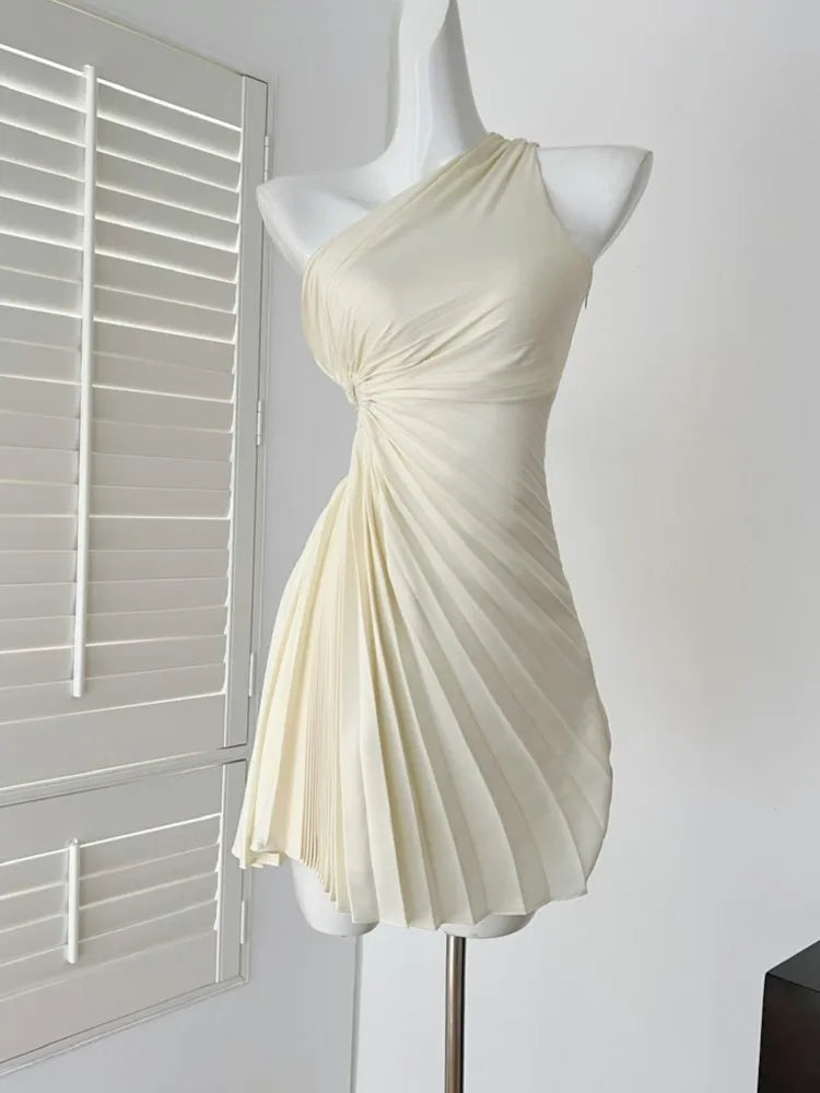 LBSFY -Y2K Sweet Sexy Backless Solid Mini Dress Inclined-Shoulder Pleated Women's Dresses Beach Vacation Party Spring Summer 2025 New