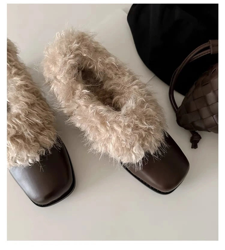 LBSFY  -  Square Toe Hairy Shoes with Retro and Plush Insulation, Mary Jane's Small Leather Shoes, Cotton Shoes, Coarse Matching Shoes