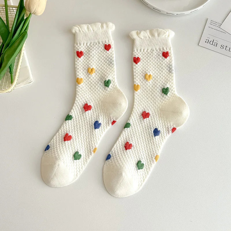 Lbsfy White Socks Women Polka Dot Heart Print Japanese Kawaii Cute Harajuku Street Middle Tube Short Crew Ruffle Socks For Girls Gift
