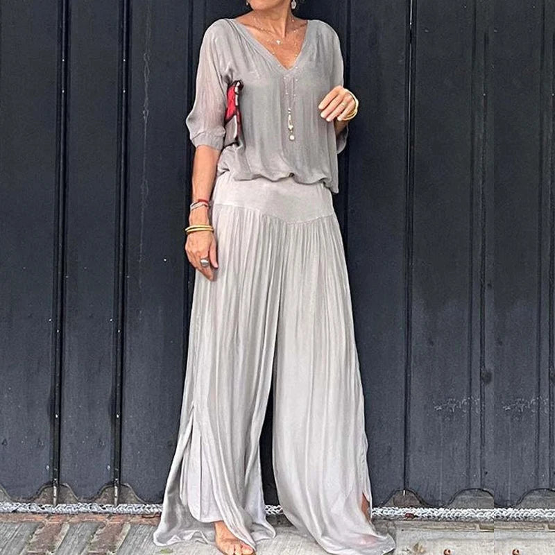 LBSFY  -  Women Fashion Solid Chiffon Outfits Spring V Neck Backless Top Pullover & Wide Leg Pants Suit Summer Half Sleeve Loose 2pcs Sets