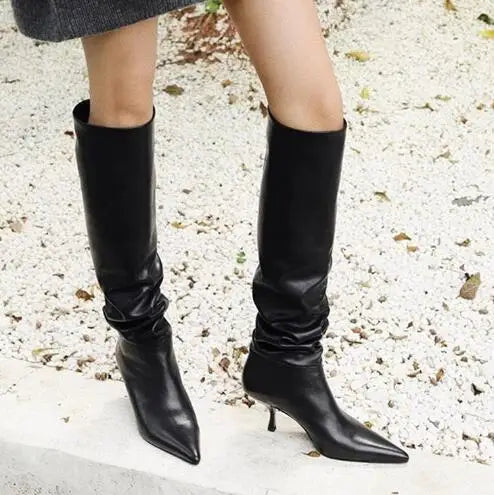 LBSFY  -  New Black White Solid Leather Strange Heels Tube Slip On Knee High Boots Women Fashion Pointed Toe Long Botas Shoes Size 45