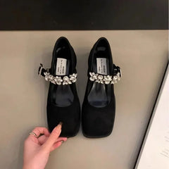 LBSFY -Women's Fashion High Heel Single Shoes Autumn New Square Head Shallow Mouth Rhinestone Thick with Temperament Mary Jane Shoes