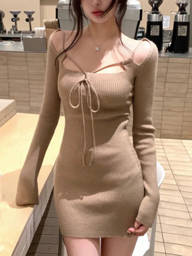 LBSFY -Elegant Knitted Dresses for Women Fashion Chic Long Sleeve Lace-up Evening Party Mini Dress Female One Piece Casual Vestidos New