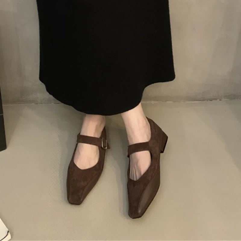 LBSFY  -   Ladies Flat Shoes High Quality Mary Janes Women's Pumps Elegant Dress Pumps Women Square Toe Buckle Strap Low Heel Shoe