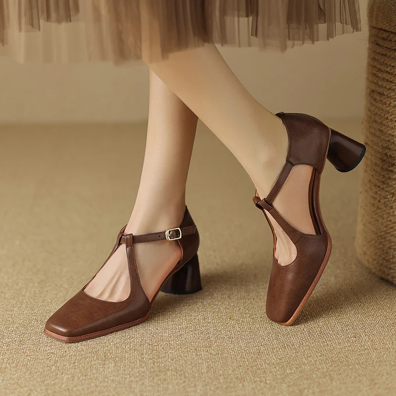 LBSFY  -  New Fashion Pumps Genuine Leather Women Square Toe Thick Heels  Pumps Shoes Woman Spring Summer Casual Party Shoes Woman