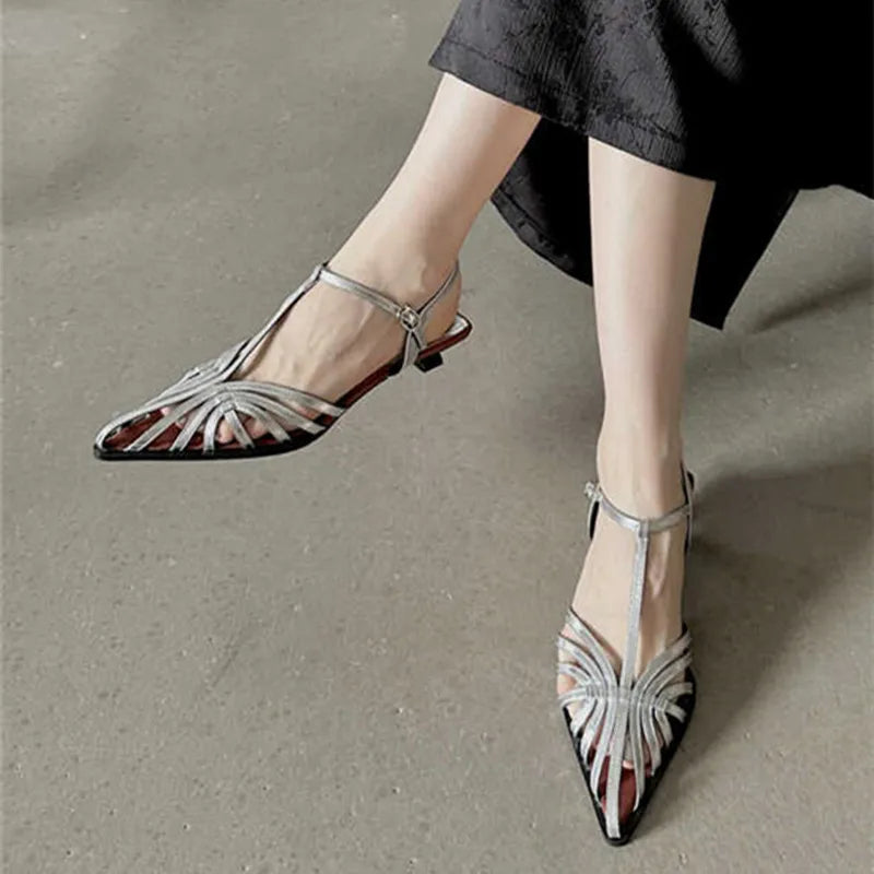 LBSFY  -  Summer Heels Women Sandal Fashion New Brand Gold Narrow Band Ladies Slingback Shoes Ankle Srtrap Dress Slides Mujer