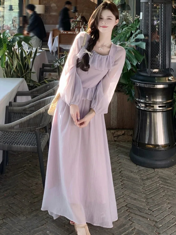 LBSFY -Elegant French Romantic Ruffles Chiffon Purple Women's Dresses Square-Collar Slim Waist Long Sleeves  korean Dress Vacation New