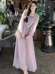 LBSFY -Elegant French Romantic Ruffles Chiffon Purple Women's Dresses Square-Collar Slim Waist Long Sleeves  korean Dress Vacation New