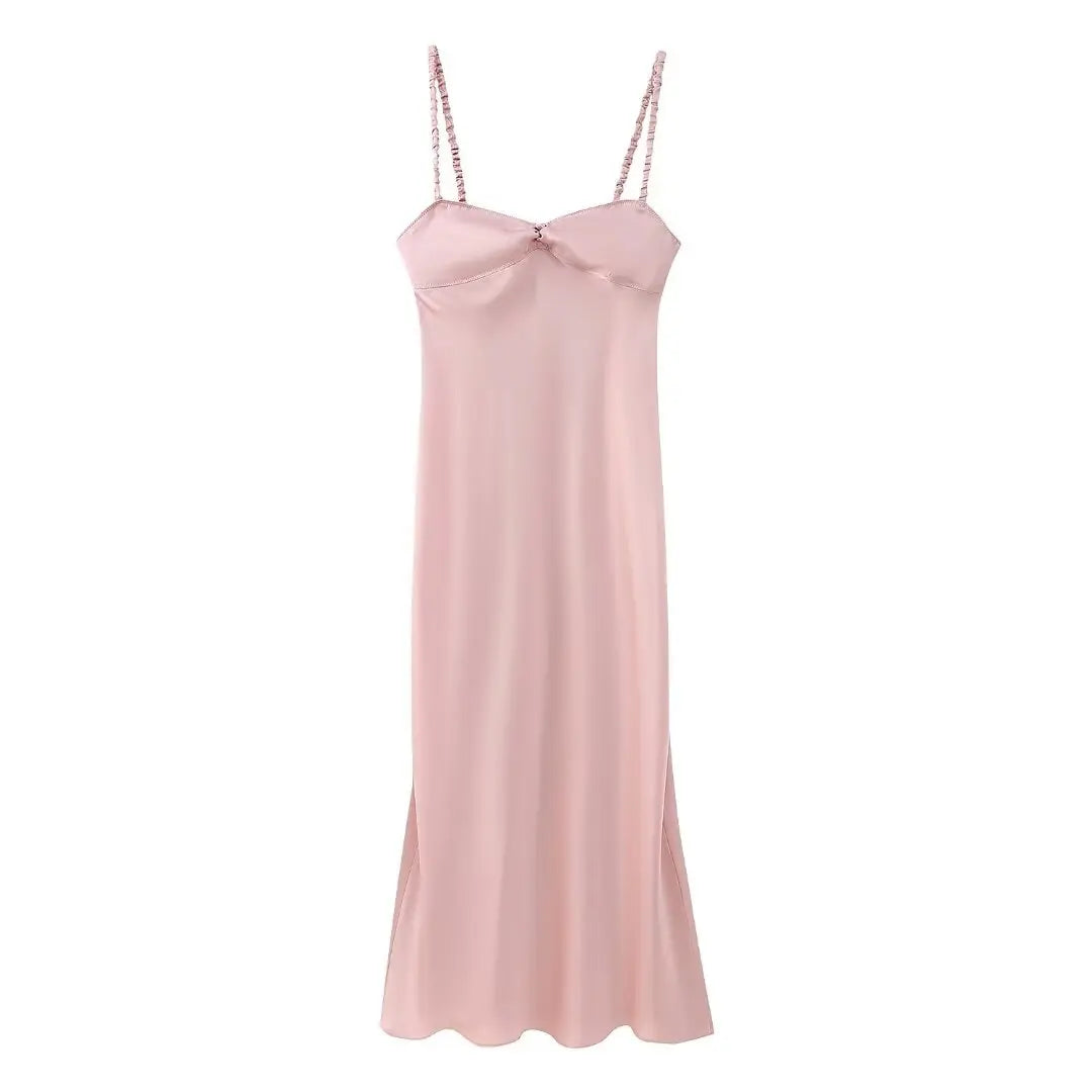 LBSFY -Satin Solid Color Pink Sweet Casual Long Dress Backless Sexy Sleeveless Slim Women Summer Dress Female Clothing 2025 New