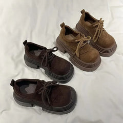 LBSFY  -  Women heels brown vintage platform Nubuck Leather Shoes women's Comfortable Lace Up Oxford Loafers Casual College Student Shoe