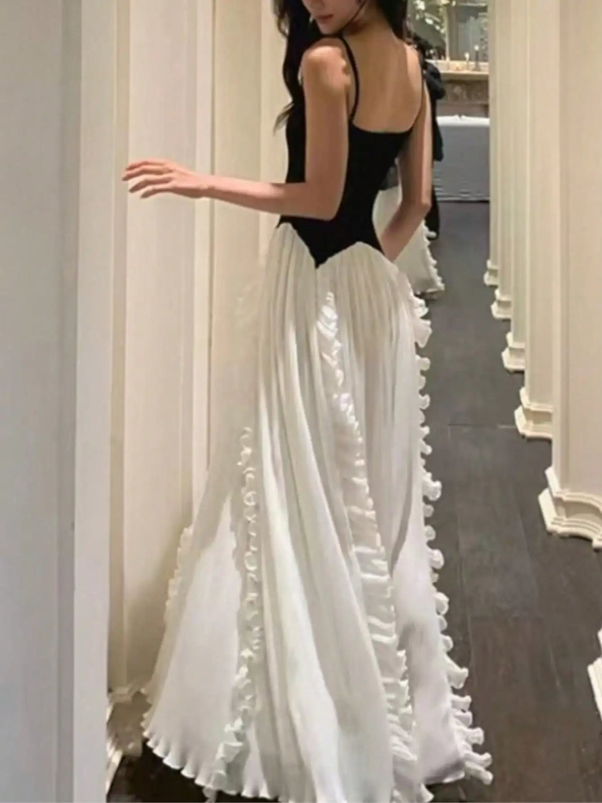 LBSFY -French Ruffle Pleated Elegant Fashion Evening Party Black White Women's Dresses Spliced A-Line Prom Spaghetti Strap Dress New