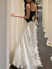 LBSFY -French Ruffle Pleated Elegant Fashion Evening Party Black White Women's Dresses Spliced A-Line Prom Spaghetti Strap Dress New