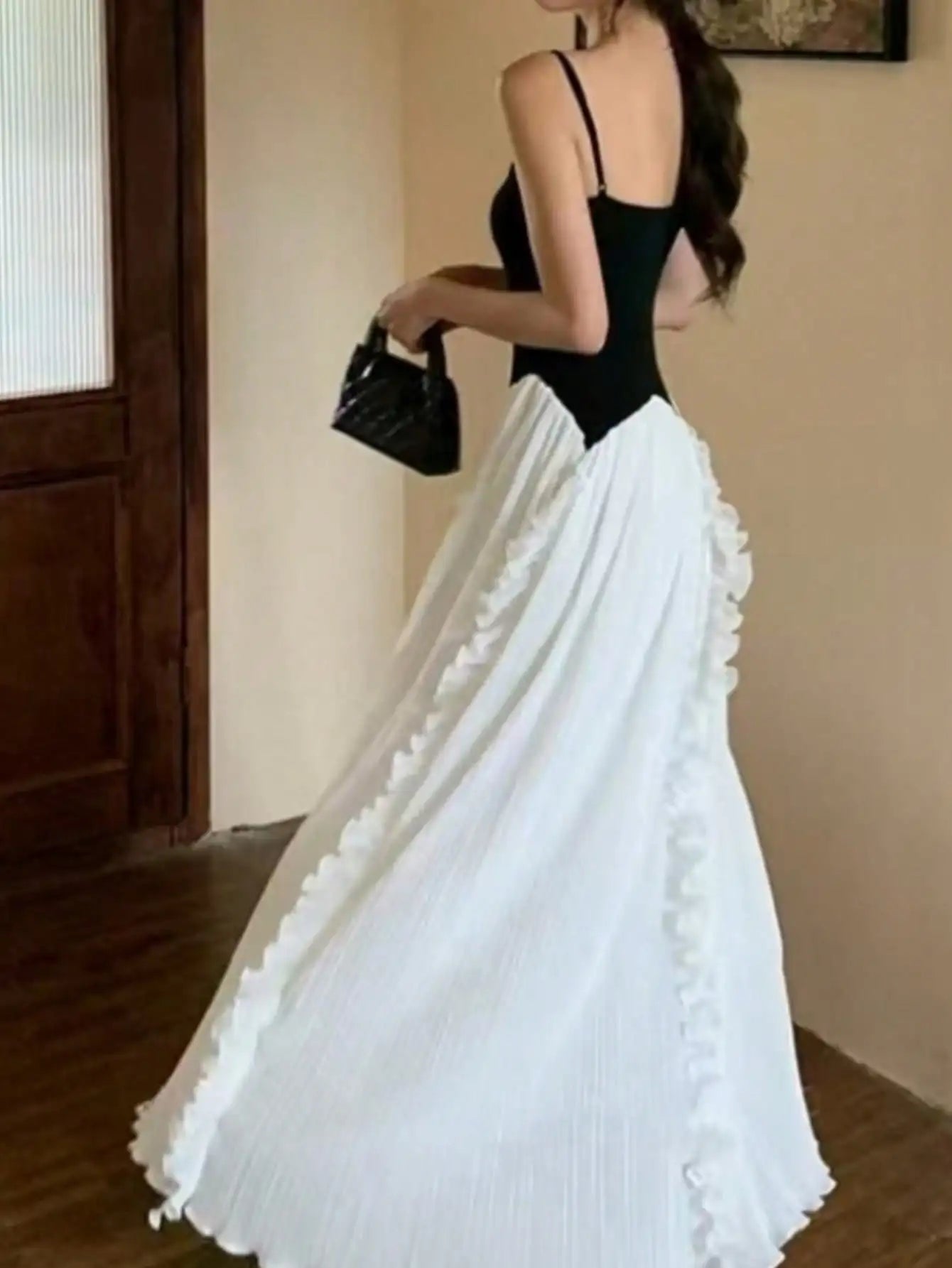 LBSFY -French Ruffle Pleated Elegant Fashion Evening Party Black White Women's Dresses Spliced A-Line Prom Spaghetti Strap Dress New
