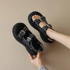 LBSFY  -  2024 New Genuine Leather Shoes Women Sandals Buckle Rivets Platform Sandals Black Ladies High Heels Summer Shoes