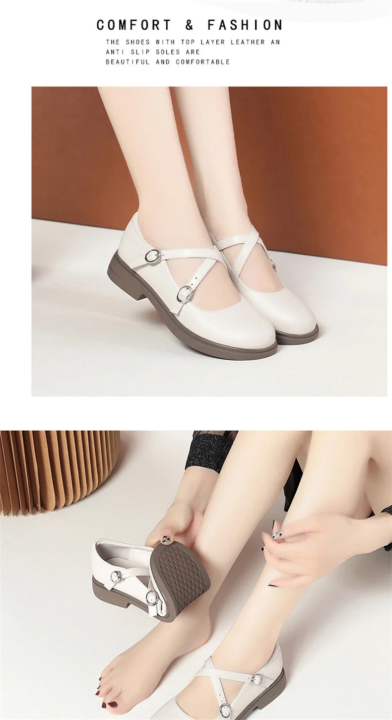 LBSFY -Spring Versatile Breathable Women Mary Jane Shoes Low Heel Buckle Strap Round Toe  Party Dance Soft Leather Single Shoes