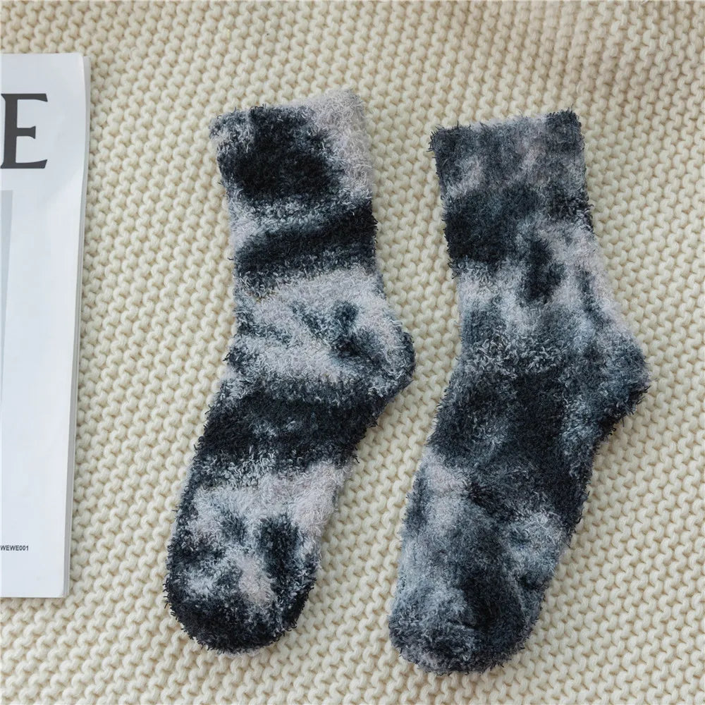 Lbsfy Socks Women Tie-dye Socks Ladies Warm Knee Winter Printing Thickened Coral Mink Fleece Girls Gift Hip Hop Floor Socks Stockings