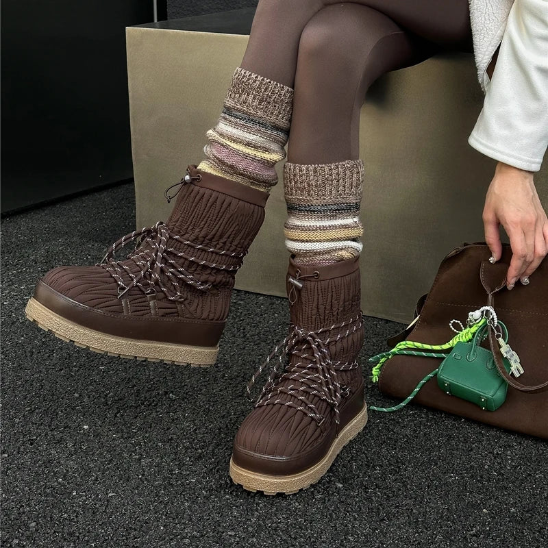 LBSFY  -  Women's Snow Boots 2024 New Pleated Big Head Short Boots Female Large Size Non-slip Platform Winter Shoes Women