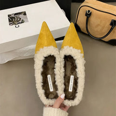 LBSFY  -  2024 Lamb Wool Inner Slippers Pointed End Imitation Suede Short Heel Outer Slippers Autumn/winter Color Block Woman Shoes 35-40