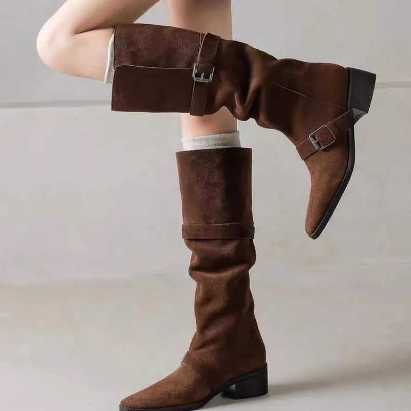 LBSFY -New Square Heels Knee High Boots Women Pointed Toe Runway Shoes Woman Suede Leather Metal Buckle Long Western Cowboy Boots Woman
