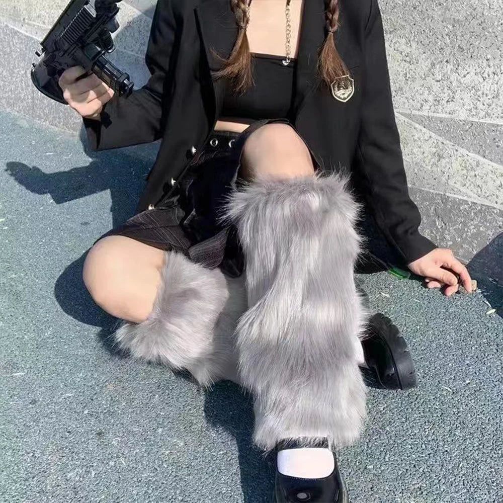 Lbsfy E-girl Furry Leg Warmers Boot Covers Y2K Goth White Faux Fur Leg Warmers Punk Jk Knee-length Hiphop Warm Sock Fashion Socks