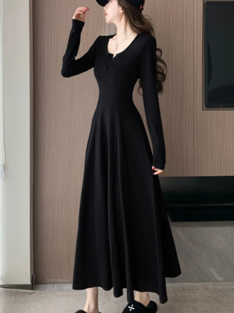 LBSFY -Women's Solid Maxi Dress Casual Korean Chic Long Sleeve U-Neck Slim Fit A-Line Autumn Sexy Prom Robe Vestidos Mujer New Clothes