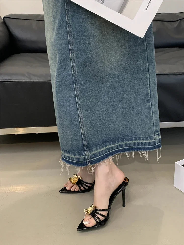 LBSFY -Summer Design Metal Flower Narrow Band Pointed Toe Women Slippers Thin Heels Party Prom Slide Shoes Zapatillas De Mujer