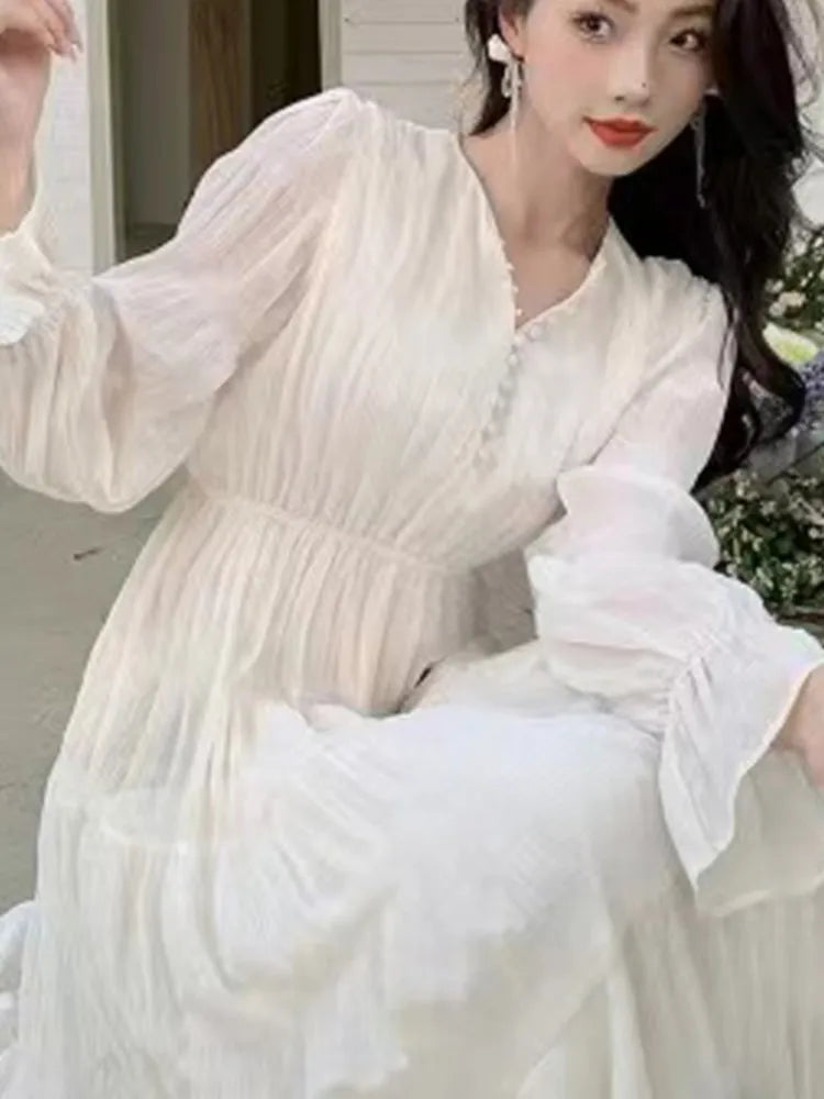 LBSFY -Elegant Princess Evening Dress for Women High Waist A-line V-Neck Autumn French Casual Prom Robe One Piece Vestidos Mujer New
