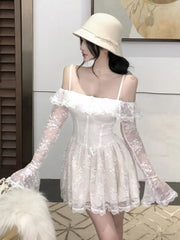 LBSFY -Sexy Lace Mini Dress for Women Sweet Slash Neck Spaghetti Strap Flare Long Sleeves Ruffle Slim Party Dresses Female Clothing New