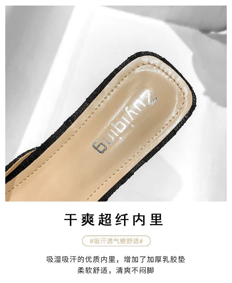 LBSFY -Pearl Half Slippers Women Shoe Autumn Rhinestone Chunky Mid Heel Slipper Sandals Fashion Muller Casual Versatile Single Shoes