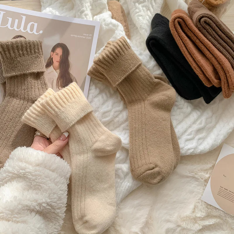Lbsfy Cashmere Mid-calf Socks Women Korean Style Thickened Japanese Thermal Insulation Retro Wool Long Socks Autumn Winter